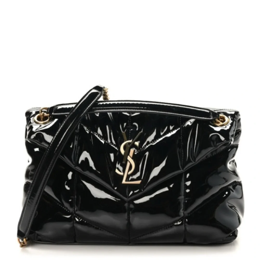 Yves Saint Laurent ysl Loulou puffer black patent shoulder bag gold straps $2990